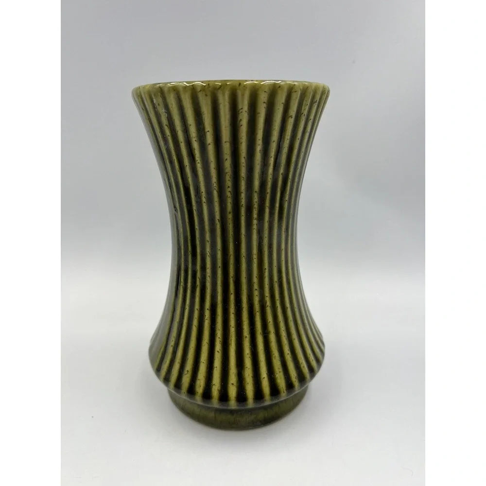 Vintage UPCO Ribbed Green Vase Mid Century Modern Farmhouse Decor Pottery